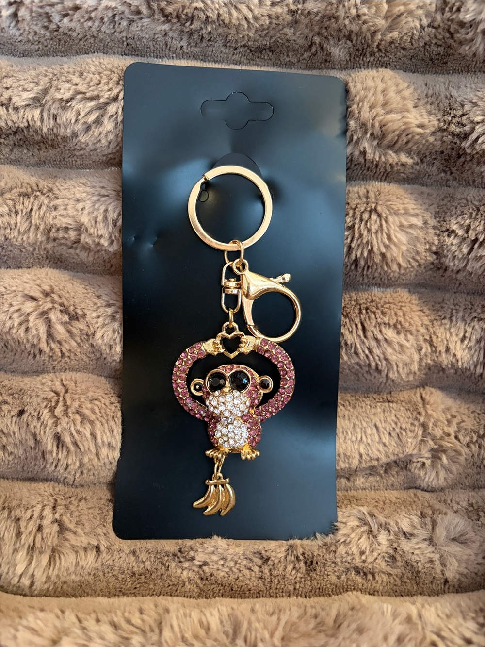 Gold-Tone Pink Crystal Monkey Keychain Charm